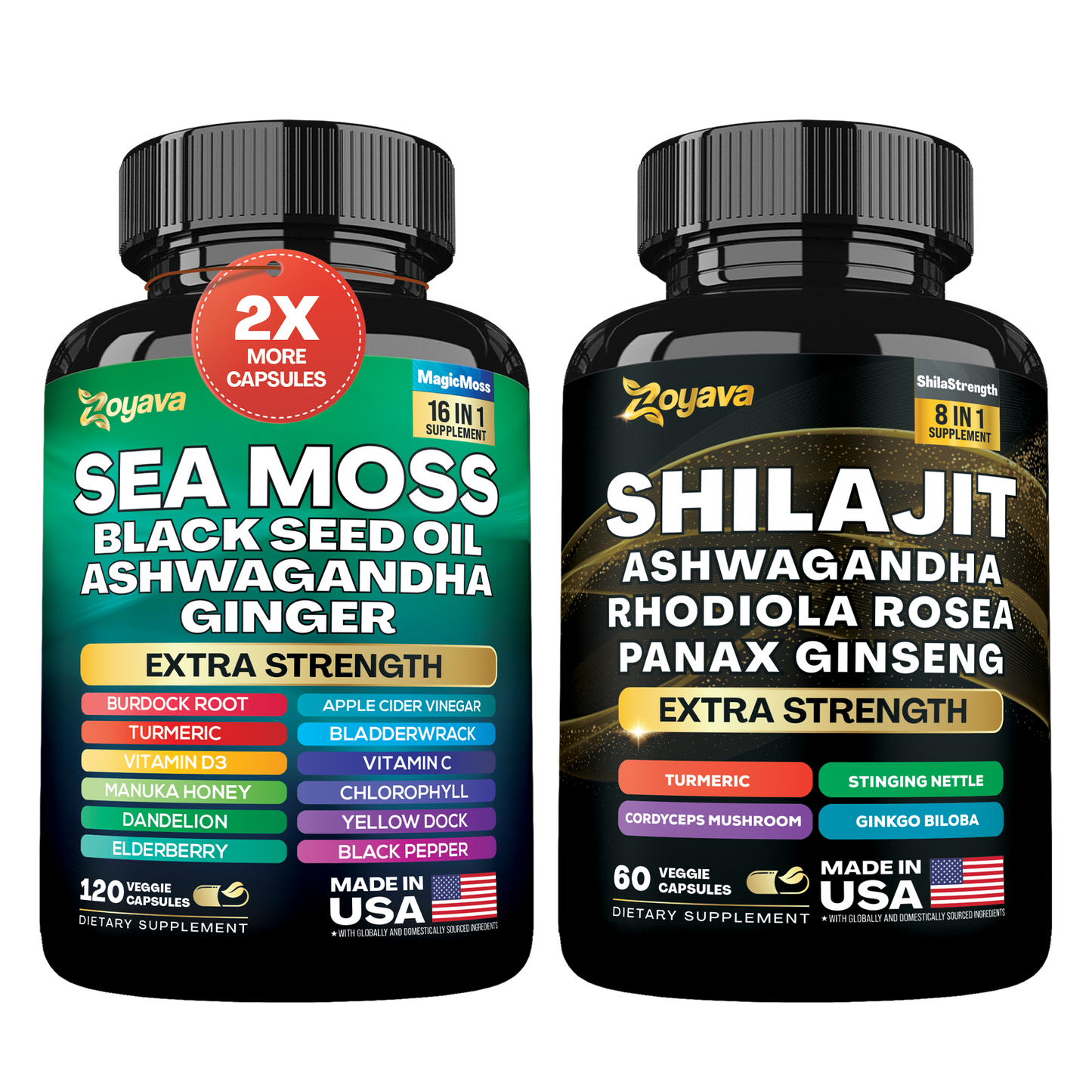 Vitality Boost Duo: Sea Moss 16-in-1 Magic Moss 120 Caps & Shilajit Power ShilaStrength Blend 60 Caps- Energize Your Life!