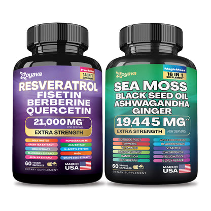 Youthful Vitality Duo: Revitalize Resveratrol 21,000MG & Sea Moss 16-in-1 Magic Moss Super Blend 19,445MG