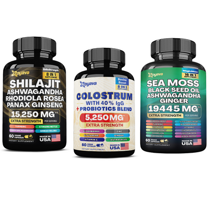 Vitality Trio for Ultimate Wellness: Bovine Colostrum Capsules (5250MG), Sea Moss 16-in-1 Magic Moss Super Blend (19,445MG), and Shilajit Power ShilaStrength Blend (15,250MG)